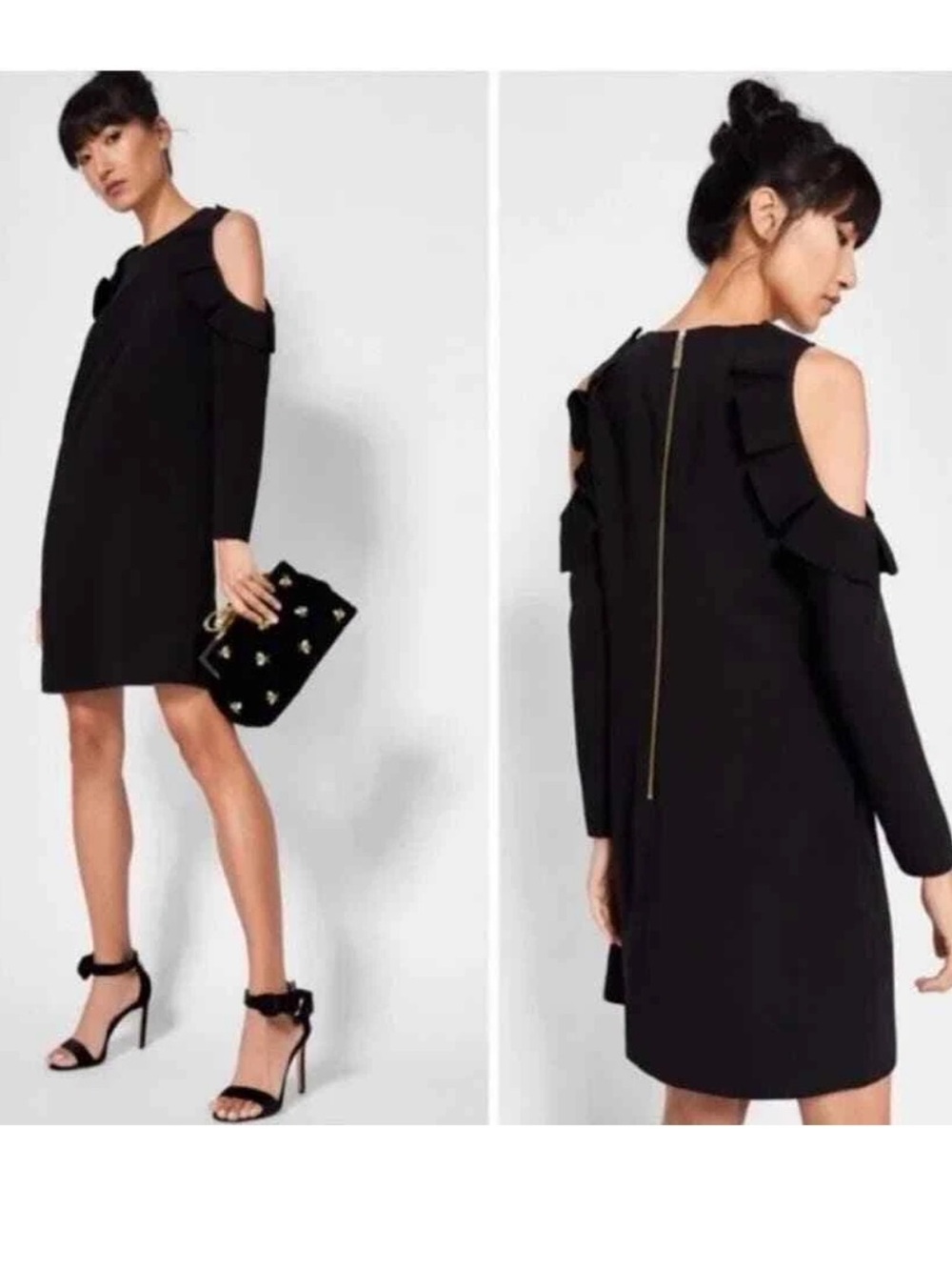 Ted Baker Black Ruffle Cold-Shoulder Women’s Dress size TB 0/ US 2